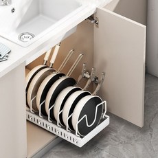 샤인홈리빙 슬라이딩 냄비 후라이팬 정리대 선반 서랍형 프라이팬 수납랙 52cm / 42cm, 1개, 슬라이딩후라이팬정리대_(세로형)42cm화이트, 7단