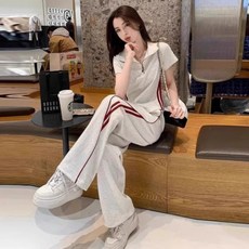 SAHINER 여성 반팔 티셔츠 와이드 팬츠 세트 봄여름 캐주얼룩 ATZ29