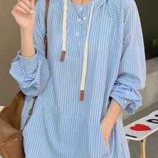 에쥬아 스트라이프 후드 셔츠 스트링 반버튼업 여름 자외선차단 긴팔셔츠 블라우스