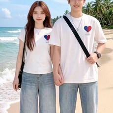 FANSYLI 커플룩 1+1 커플 하트 패턴 반팔 티셔츠 남녀공용 캐주얼 오버핏 캠핑 비치웨어 반팔티 단체복 신혼여행 커플티 2장 세트 2603JLL6200