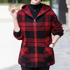 TKX 여성용 중년 가을 겨울 후드 점퍼 체크무늬 패턴 세련된 디자인 엄마 옷 빅사이즈 K67