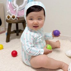로이앤한나 북유럽풍 여아 여자아기 핑크하트 민트스트라이프 긴팔 집업 수영복 래쉬가드 수모 세트 신생아 3개월 6개월 9개월 돌