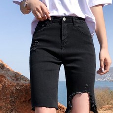 서진맘 여성 슬림핏 5부 일자 찢김 스판 데님 반바지