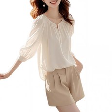Makone 여성 라운드넥 노카라 솔리드 심플 프렌치 루즈핏 오피스룩 7부 소매 쉬폰 블라우스