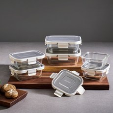 파르셀 글라스 밀폐용기 304스텐 커버 내열유리 6종세트, 직사각 370ml x 4 + 정사각 310ml x 2, 1세트