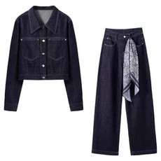 봄 가을 여성 데님 상하복 세트 여성 빈티지 스타일 데님 투피스 세트 숏 자켓 하이웨스트 와이드 팬츠 패션 LT