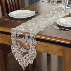 북유럽 자수 레이스 테이블 러너, 26x70cm, 베이지