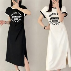 Timepure 1+1 2종세트 여성 여름 캐주얼 스포티 반팔 원피스 데일리 편안한 루즈핏 레터링 라운드넥 롱원피스