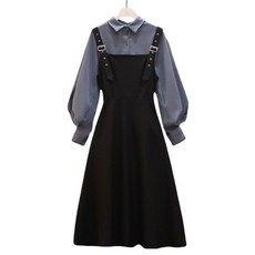 100kg까지 날씬해보이는 빅사이즈 우아한 셔츠 멜빵 치마 원피스 세트 봄 가을 슬림핏 단아한 하객룩 검정 무지 오피스룩 흰색 카라 남방 큰옷 4xl 캐주얼 a라인 롱원피스 투피스