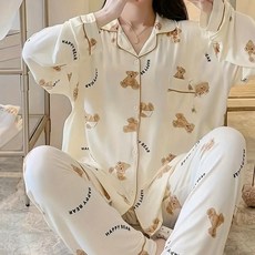 여성 귀여운 곰 캐릭터 프린트 파자마 세트-보들보들 봄 가을 겨울 아우터 가능. 터들넥 롱팔 탑 롱바지 파자마 홈웨어 세트 2 피스