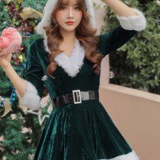 [반하나봄] 여성 크리스마스 산타 후드 원피스 패티코트 벨트 세트 산타복 크리스마스 파티복 이벤트룩 산타 코스튬(악세사리증정)