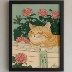 도쿄나이트 고양이 액자 감성 일러스트 인테리어 그림+액자 세트 11종, 3번옵션  치즈고양이 꽃욕조 (블랙 액자)