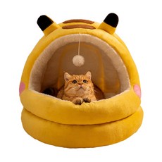 슈퍼인 반밀폐 고양이 강아지 겸용 이중 쿠션 넥가드 숨숨집 침대, 1개, 옐로우