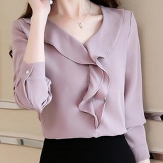 VVRR 여성 시폰 블라우스 브이넥 플라운스 스타일리시 캐주얼 베이식 긴팔 상의 Z0011424