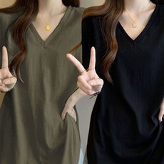 TIRA 1+1 여성 여름 V넥 루즈핏 기본 반팔티 심플 데일리 롱티셔츠 편안한 캐주얼 스타일