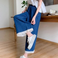 해피유통 여성 패치레이스 수술 밴딩 데님 얇은 9부 와이드 팬츠 jhy