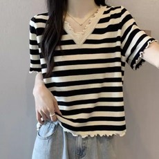 COSYEVNO 여성 여름 물결넥 스트라이프 반팔 티셔츠 캐주얼 Tzkmmdx-3