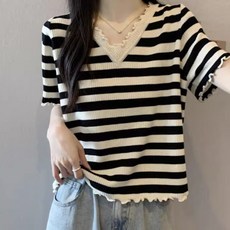COSYEVNO 여성 여름 물결넥 스트라이프 반팔 티셔츠 캐주얼 Tzkmmdx-3