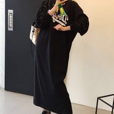 후암마켓 여성 빅사이즈 레터링 루즈핏 기모 롱 원피스