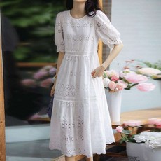 더벨러리 여성 레이스 펀칭 반팔 롱 원피스 BCO1729 하객원피스 여름 자수