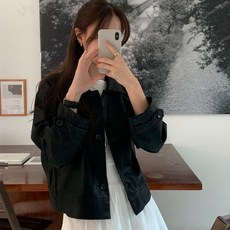 루어스룸 메드 베이직 무광 숏카라 가죽 레더 라이더 자켓 아방 루즈핏 카라넥 여성 가죽재킷(블랙)