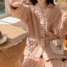 해피유통 여성 가을겨울 보드라운 벨벳 V넥 오픈가디건 잠옷 세트 따뜻한 루즈핏 포켓 디자인