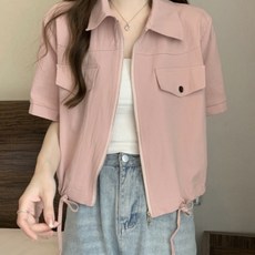 여름 여성용 루즈핏 카고 포켓 숏 셔츠 지퍼 반팔 티셔츠 캐주얼 패션 데일리룩 스트랩 칼라넥 반팔 가디건
