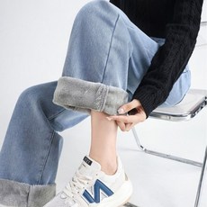 POMTOR 여성 겨울 기모 청바지 하이웨스트 데님 와이드 팬츠