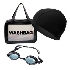 렌버핏 물아일체 프리미엄 스판수모+수경+수영가방 세트, 수모(블랙)+수경(블랙)+수영가방(블랙)