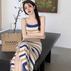 프렌치 스트라이프 서스펜더 롱 원피스 해변 휴양지룩