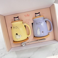 귀여운 예쁜 고양이 머그컵 세트 2종 선물, 노랑,보라 선물세트 (컵받침 스푼 포함), 1개