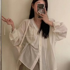 여성 러블리 브이넥 셔링 블라우스 빅사이즈 오버핏 박시핏 셔츠 남방 하객룩 출근룩 시스루 리본