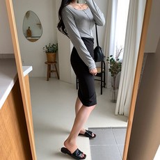 라르고비에 하이웨스트 H라인 슬림 미디 스커트 사선 절개 스판 앞트임 치마