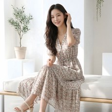메리앤유 러블리 잔꽃 브이넥 스트링 쉬폰 원피스 휴양지 데일리