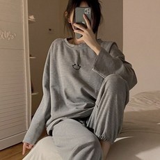 쿠밍 여성용 와플면 데일리 스마일 긴팔 잠옷 상하의 세트