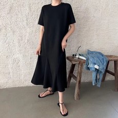 ZAJA 여성 여름 롱 물고기 꼬리 원피스 블랙 순색 캐주얼 데일리룩