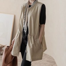 ORZQU 가을 여성 롱 트렌치 베스트 허리 밴딩 캐주얼 민소매 오버핏 카고 베스트 코트