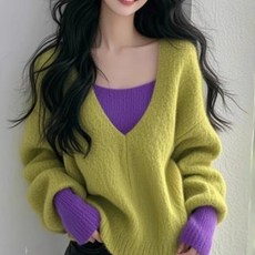 투니스 여성 패션 루즈핏 투피스 디자인 배색 니트 스웨터