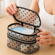 2층 메쉬 화장품 파우치 중형 소형 귀여운 여성 망사 스마트라이프, 2층 파우치(투명 망사)