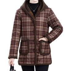 Makone 여성 겨울 솜옷 체크 캐주얼 도톰 후드 기모 자켓 패딩