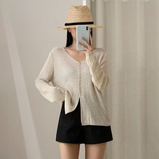 SONOVA 쏘노바 여성 브이넥 시스루 버튼 아우터 여름 루즈핏 얇은 가디건 루즈핏 살안타템 니트