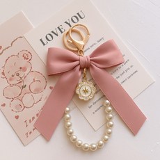 하베스 화이트리본 비즈 진주 키링 키링참 키홀더 참장식, 로지핑크