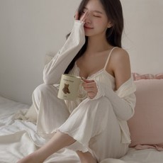 블랑 3피스 파자마 캡내장 빅사이즈 44-88 플러스사이즈 홈웨어 잠옷 3종 상하세트 캡나시 가디건 긴바지