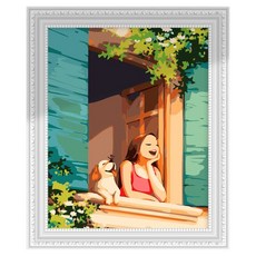 창가의 소녀와 강아지 인물화 동물 DIY 그림그리기 명화 인테리어액자 캔버스 유화세트, 1개, 단품