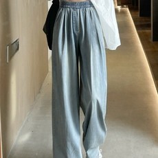 POMTOR 여성 텐셀 데님 와이드팬츠 하이웨스트 일자핏 키작녀 여름 바지