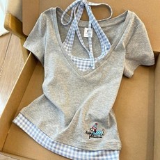 COSYEVNO 여성 여름 V넥 배색 반팔 티셔츠 백리본 슬림핏 BCXpp-8