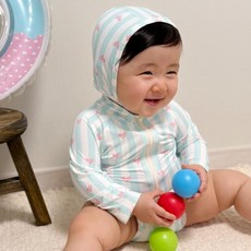 로이앤한나 핑크하트 스트라이프 3개월 6개월 9개월 돌 백일 신생아 여아 여자아기 긴팔 원피스 수영복 래쉬가드 세트
