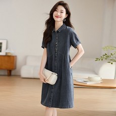 WIHOLL 여성 빅사이즈 데님 반팔 원피스 여름 미디 캐주얼 데일리룩