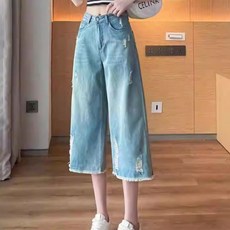 lofei 여성 여름 하이웨스트 루즈핏 컷팅 일자 7부 데님 팬츠 KZ35