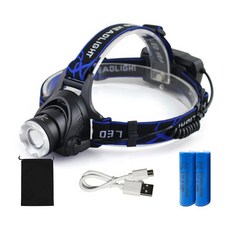 엘마운틴 LED T6 헤드랜턴+1200mAh배터리 2개+파우치 충전식 해루질 낚시 작업 등산, 1세트, 블랙